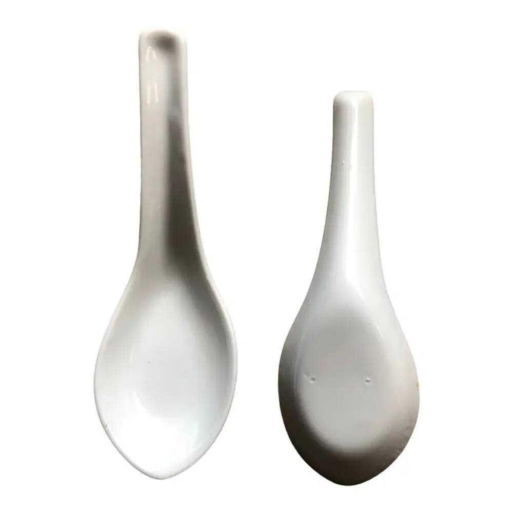Asian Soup Spoons Set of 8 White Ceramic Chinese Rice Porcelain Flat Bottom